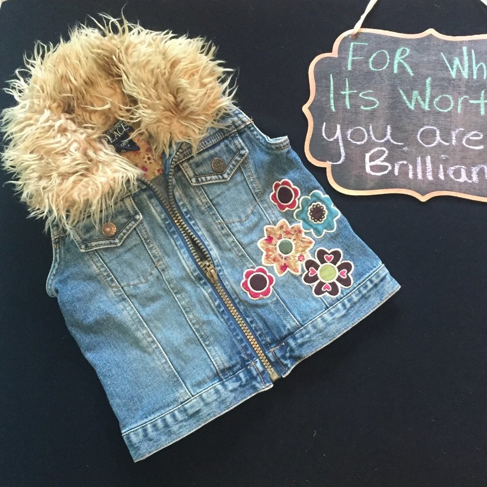 The Children’s Place "Powerful Flower" Denim Vest – Size 24mnths– Faux Fur